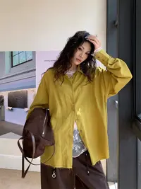 秋季复古明线口袋时尚宽松显瘦翻领长袖叠穿衬衫