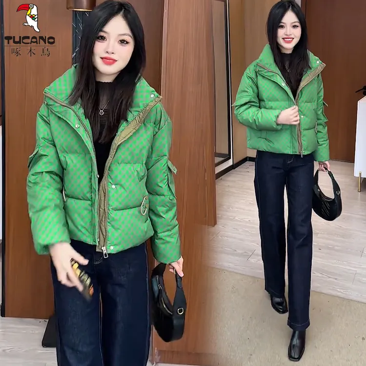 啄木鸟千鸟格棉衣冬季新款韩版时尚休闲保暖棉袄短款保暖棉服外套