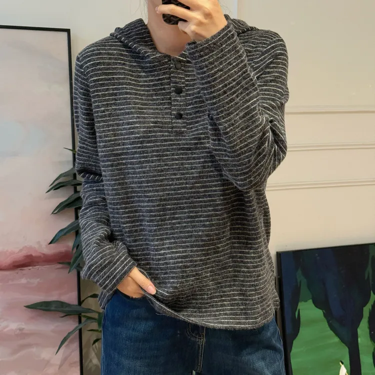 美亚恩NANA【自由派连帽】秋冬连帽条纹长袖磨毛卫衣宽松显瘦C0540