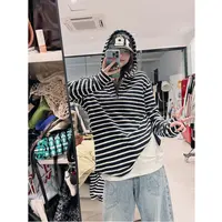 晶咕【条纹爱好者】撞色条纹连帽半拉链休闲上衣
