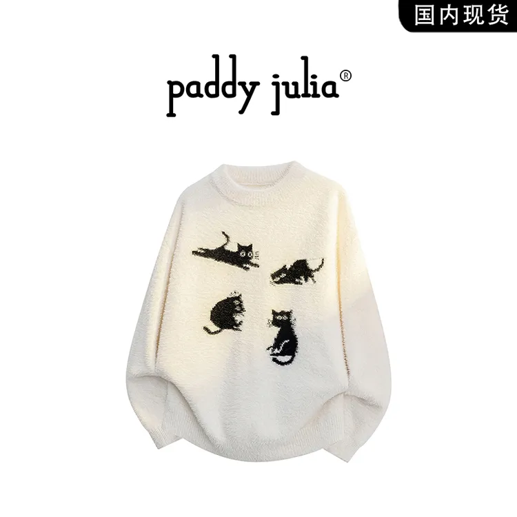 Paddy julia慵懒风圆领毛衣男款秋季针织小猫刺绣上衣轻奢高级感