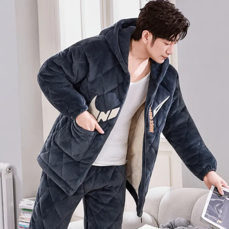 睡衣男士冬季三层夹棉加厚加绒珊瑚绒法兰绒保暖家居服秋冬款套装