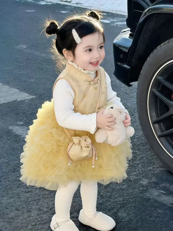 【金玉燕】带包包SC883女童冬季新中式夹棉加厚国风马甲裙拜年服