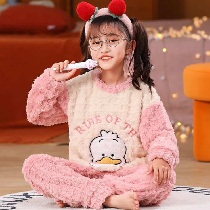 秋冬季儿童长毛绒加厚保暖中大童睡衣女童卡通长袖宝宝家居服套装