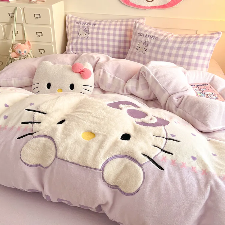 A类牛奶绒印加绣四件套加绒加厚卡通三丽鸥被套床单人保暖三件套2