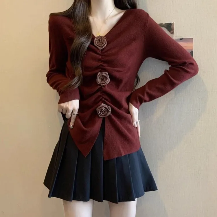 大码立体玫瑰褶皱V领长袖T恤女春秋2025新款宽松显瘦遮肉小众上衣