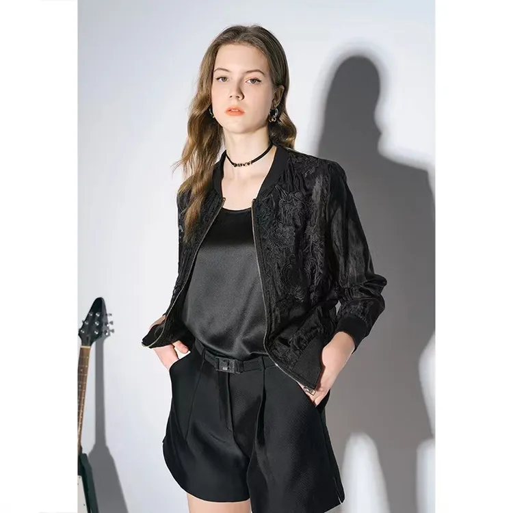 特！线下749！定制面料！桑蚕丝网纱刺绣宽松设计感棒球服外套L40764