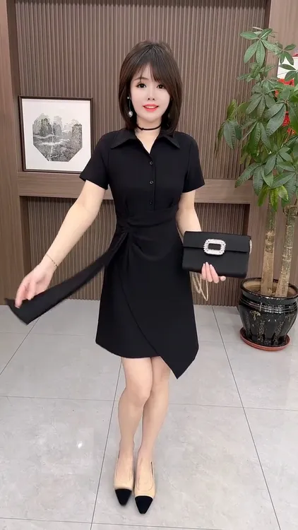 夏季新款气质OL修身显瘦POLO领衬衫连衣裙时尚洋气收腰A字裙
