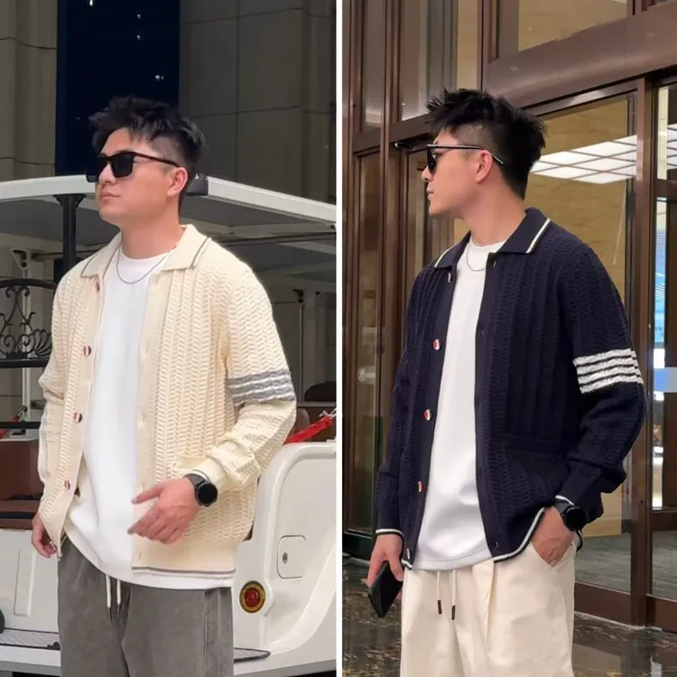 秋季新款男士针织衫外套长袖提花外搭百搭翻领毛衣开衫