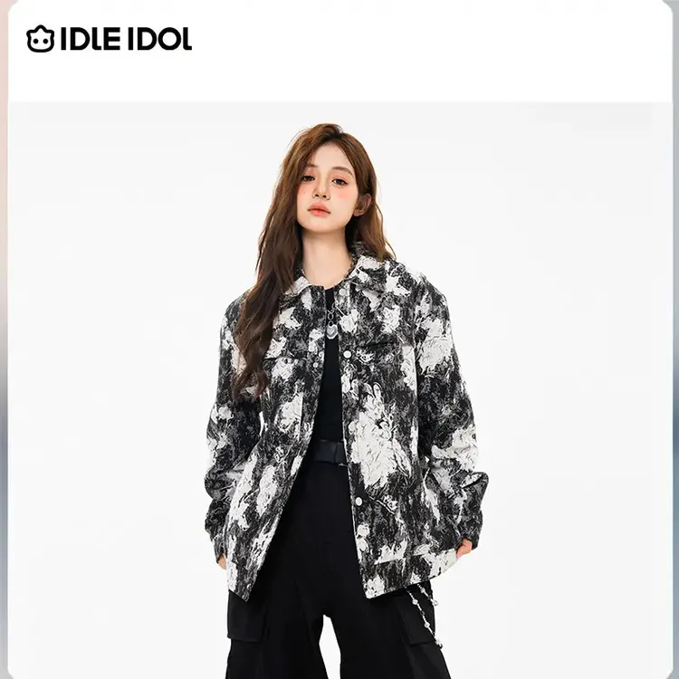 IDLE IDOL小众高街设计感扎染印花翻领宽松落款色织夹克外套男