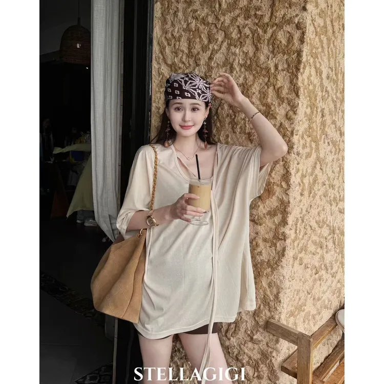 SG / 郭幂幂 SS 私服款 35%莱赛尔蝙蝠袖镂空系带上衣T-20251579