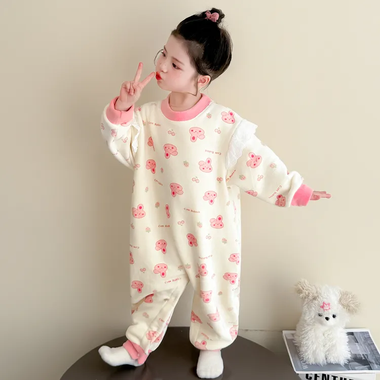 女童连体睡衣秋冬季奥粒绒加厚珊瑚绒防着凉儿童家居服宝宝小女孩