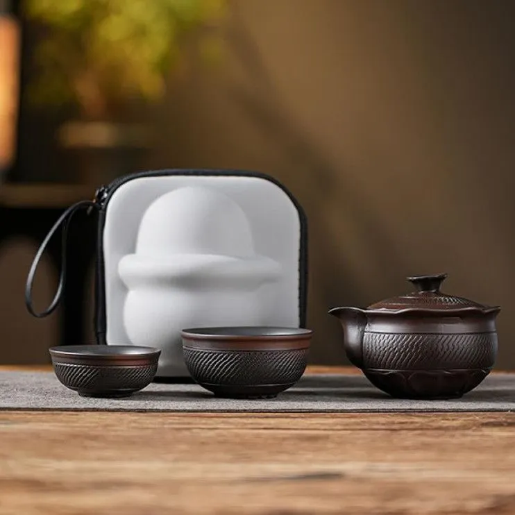 便携式紫陶跳刀纹旅行茶具套装手抓壶一壶两杯户外露营出差泡茶器