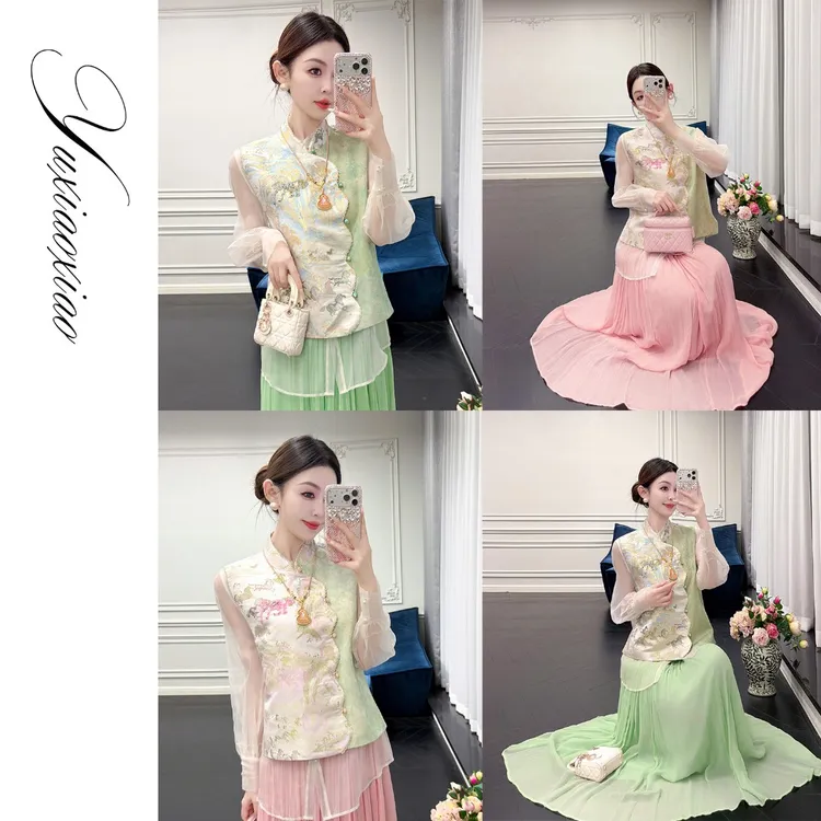 余潇潇【万马江山】新中式轻奢桑蚕丝金丝宋锦撞色拼接立领国风马甲