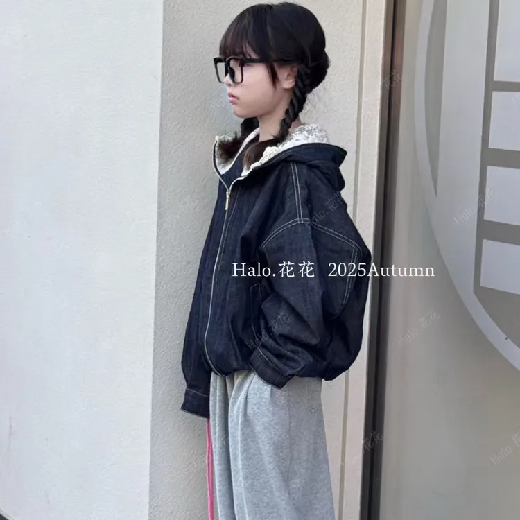 韩版纯色连帽常规牛仔外套休闲短款外套女童