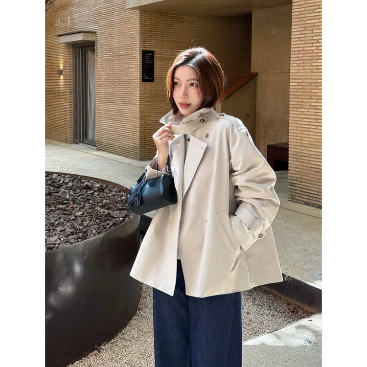 【MGDM】日韩系英伦风立领廓形设计高支高密全棉短款风衣外套女早秋