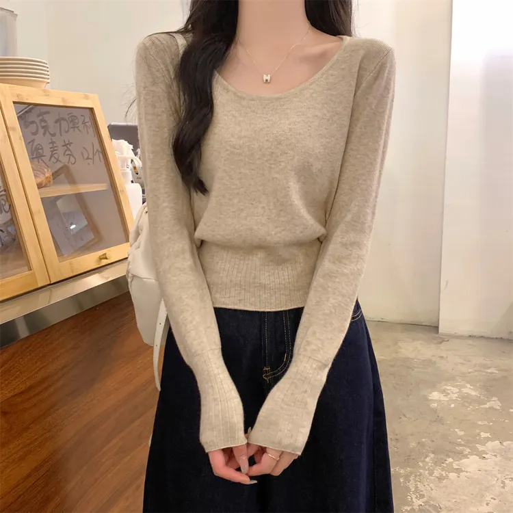 气质简约低圆领软糯毛衣女秋冬季纯色内搭针织衫显瘦温柔百搭上衣
