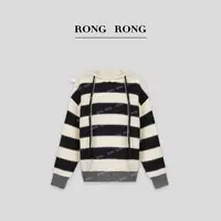 溶溶S【韩系女高】RONGRONG 绵羊毛混纺拼色条纹连帽抽绳毛衣S3190