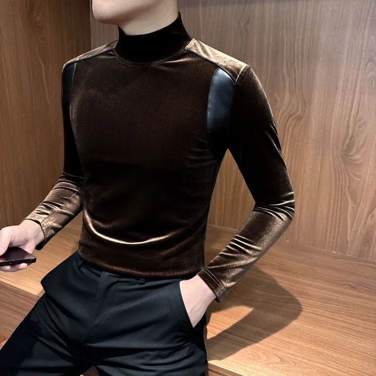 金丝绒半高领打底衫男款爆款2025新款高级感男装纯色长袖男士t恤