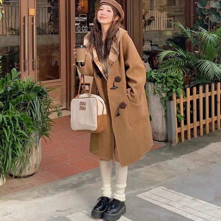 双面羊毛大衣毛呢大衣外套女秋冬格子连帽高级感长款外搭上衣韩版