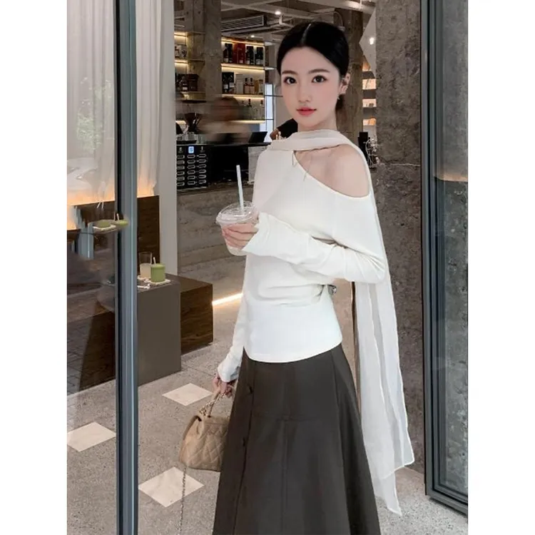 纯欲风辣妹不对称斜肩长袖T恤女秋季设计感飘带修身显瘦别致上衣