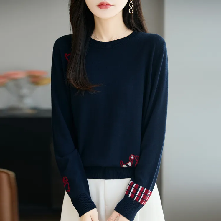 品牌女装正品新款时尚圆领拼色小狗刺绣女毛针织衫宽松气质百搭