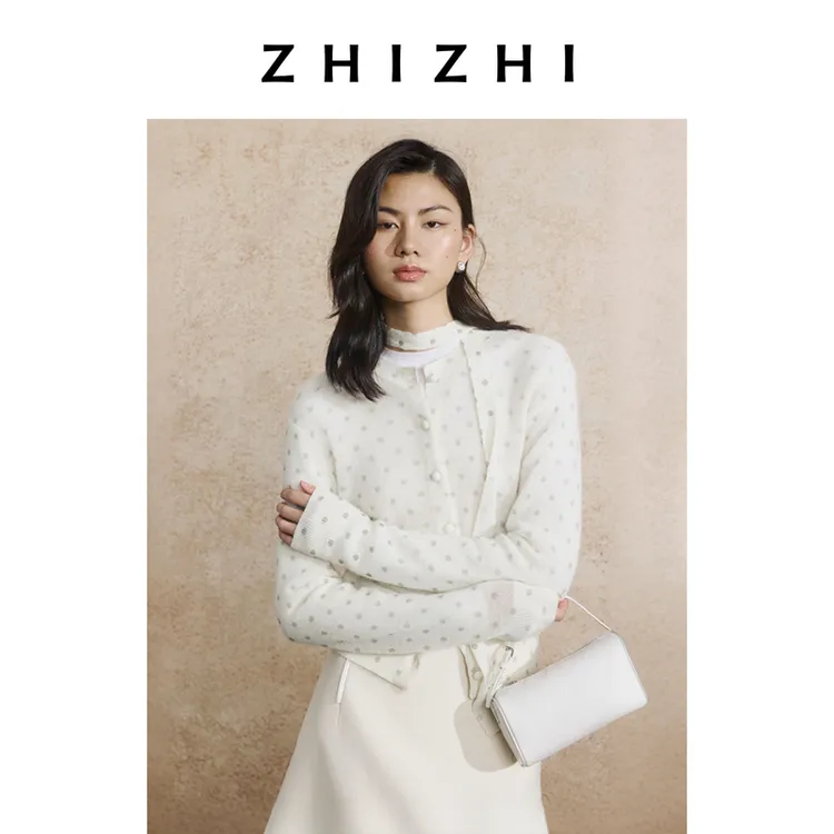 致知 长生乐 羊驼小圆领波点印花飘带开衫25年秋季新ZZ2EAKGL012
