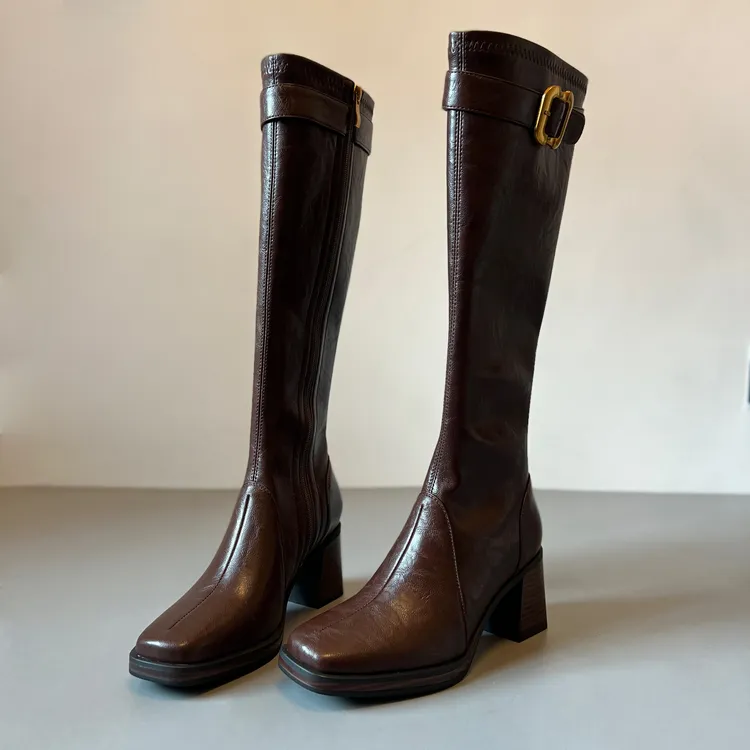 牛皮版~复古金属扣厚底不过膝长靴粗跟长筒靴女高筒瘦瘦靴骑士靴