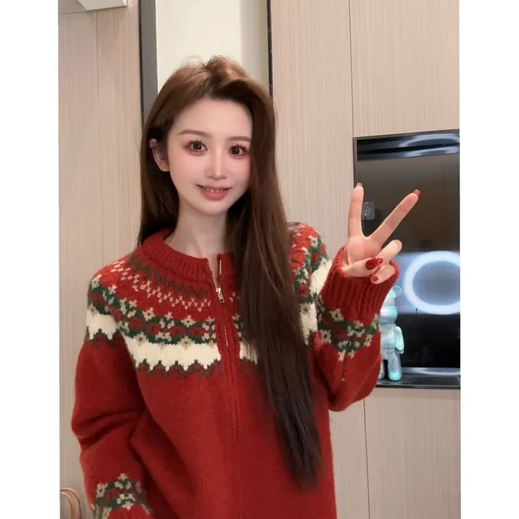 Q费尔岛提花圆领拉链毛衣外套女秋冬季韩系显瘦百搭针织开衫