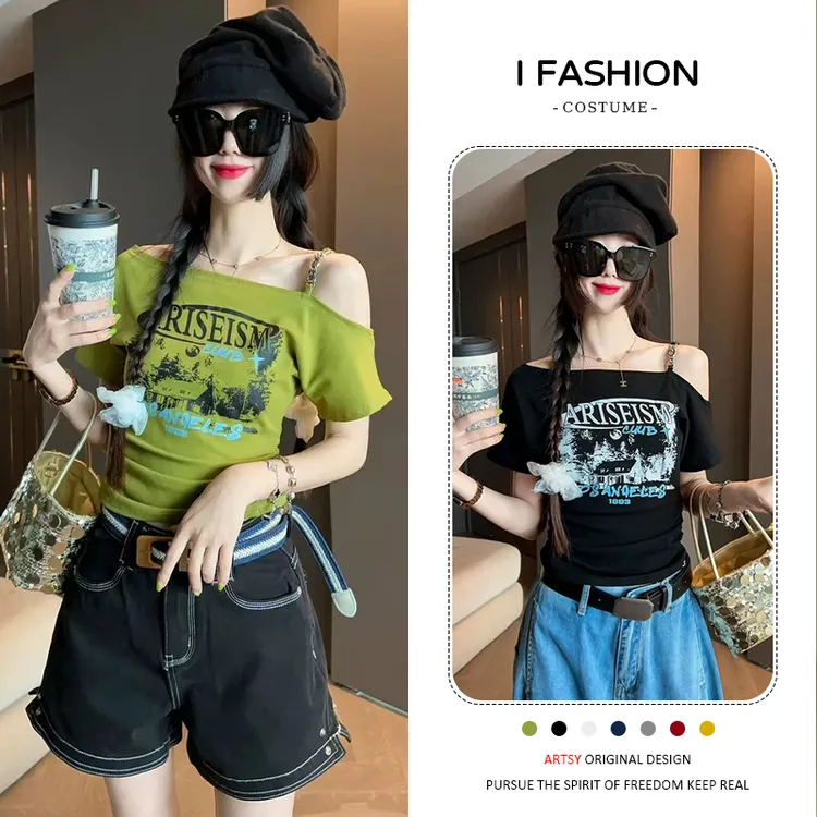 高含棉字母印花露肩短袖t恤女2025年夏季褶皱修身显瘦设计感上衣