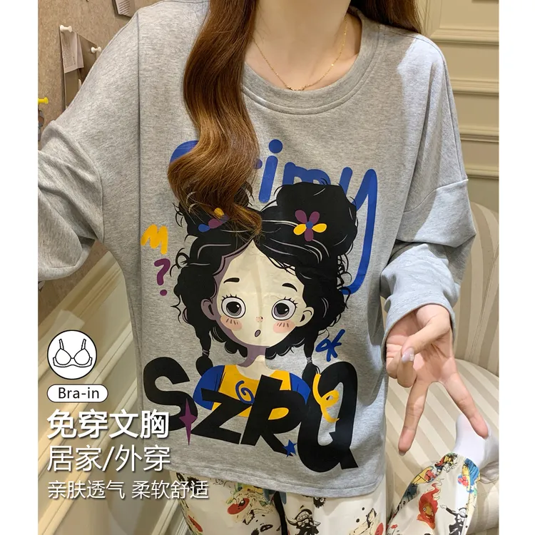 韩版睡衣女款爆款2025新款带胸垫春秋长袖长裤ins家居服可外穿冬