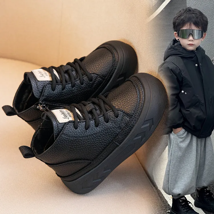 男童马丁靴真皮2025秋冬款儿童加绒皮靴宝宝短靴百搭高帮保暖棉靴