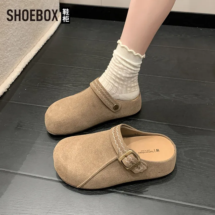 SH0EBOX鞋柜复古厚底包头半拖鞋女外穿2025秋新款内增高德训鞋
