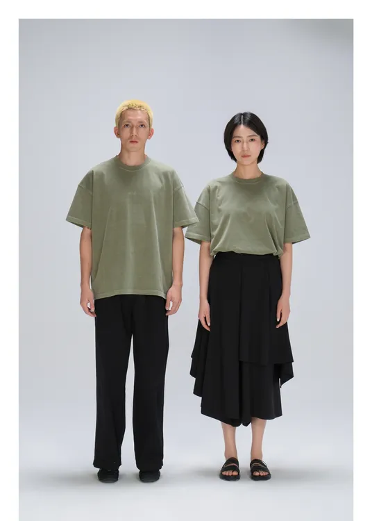 情侣纯棉夏季Oversized宽松圆领休闲短袖T恤男-新款水洗效果纯色