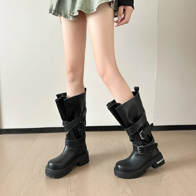 巴黎复古皮扣毒液靴女高筒马丁靴辣妹大筒围长筒靴厚底增高机车靴