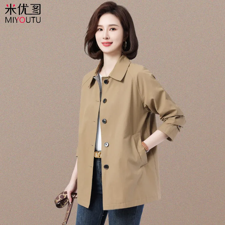 中年妈妈休闲风衣外套女2025年春秋新款韩版大码宽松减龄翻领上衣