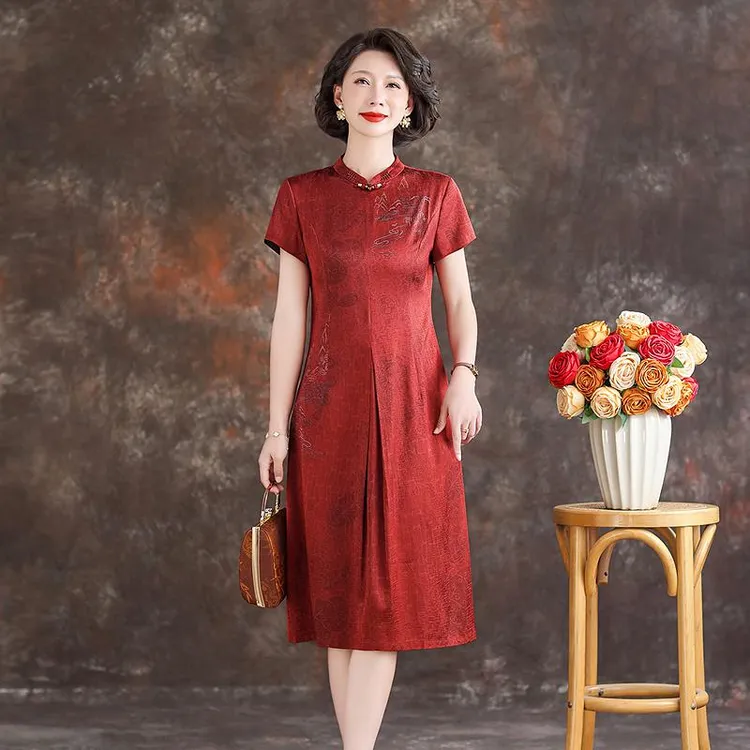 红色真丝连衣裙女2025夏季新款喜婆婆婚宴礼服小个子妈妈桑蚕丝裙