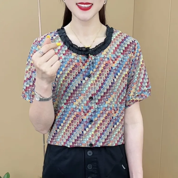 夏季新款时尚圆领木耳边设计洋气印花宽松显瘦休闲短袖上衣M25102