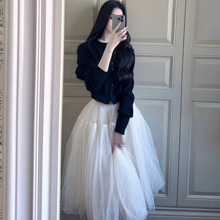 avenemet拼接针织外套设计感圆领单排扣针织开衫（蓬蓬裙不能机洗）