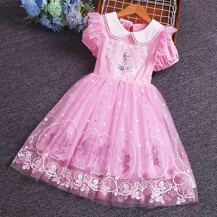 女童冰雪奇缘爱莎公主裙子夏季短袖棉蕾丝艾莎连衣裙生日裙潮夏装