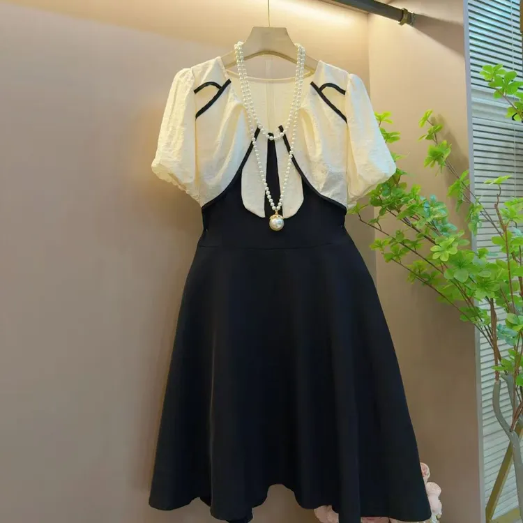 时尚法式名媛风气质收腰显瘦复古撞色泡泡袖百搭连衣裙（长91左右）