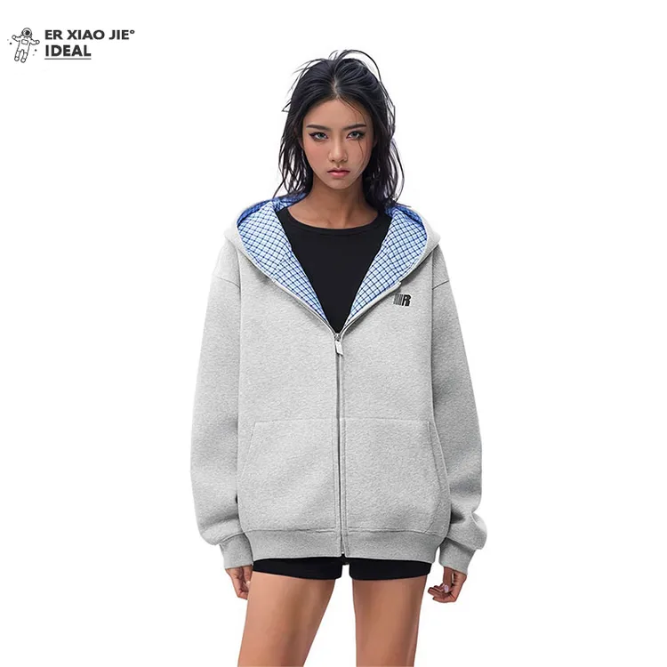 美式潮牌设计感连帽格子外套女薄款宽松秋冬2025新款情侣灰色卫衣