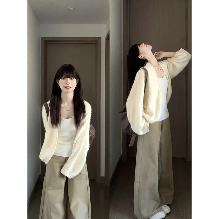 韩系松弛感针织衫蝙蝠袖大廓形毛衣开衫外套时尚显瘦直筒宽松裤子