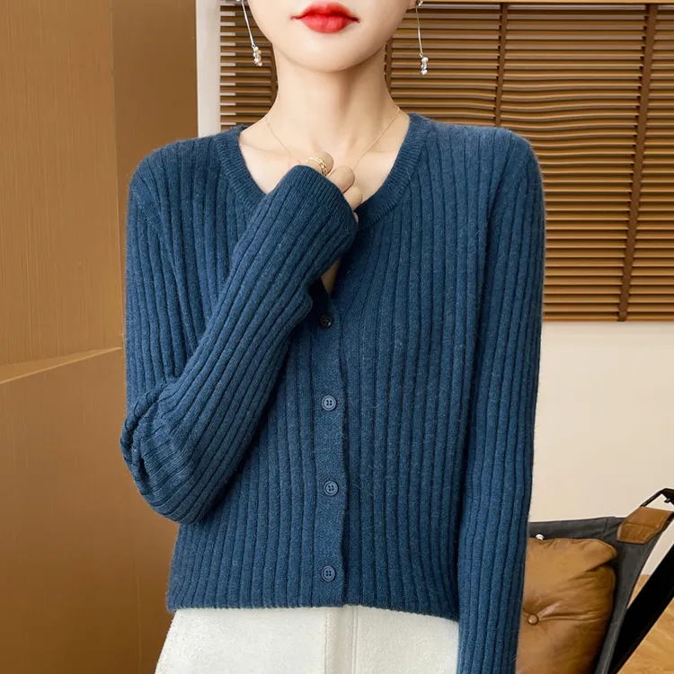 秋季新款线衣女装抽条开衫上衣纯色百搭毛针织衫休闲韩版打底毛衣