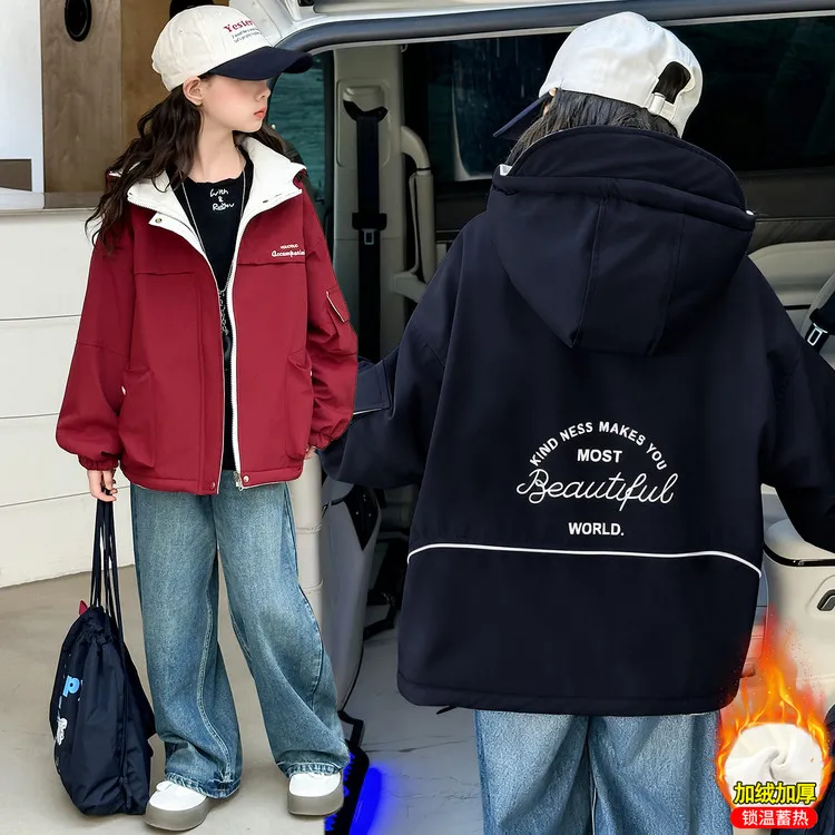 女童两面穿加绒派克服深秋初冬新款中大童加厚连帽外套初中生冬装