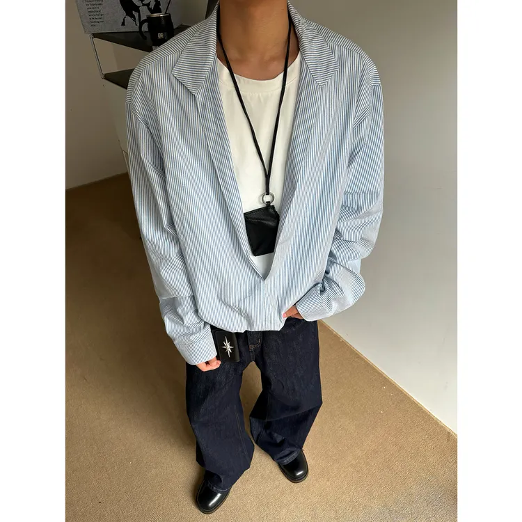 CZ2高质感简约深V立领假两件竖纹撞色男女cleanfit长袖休闲衬衣