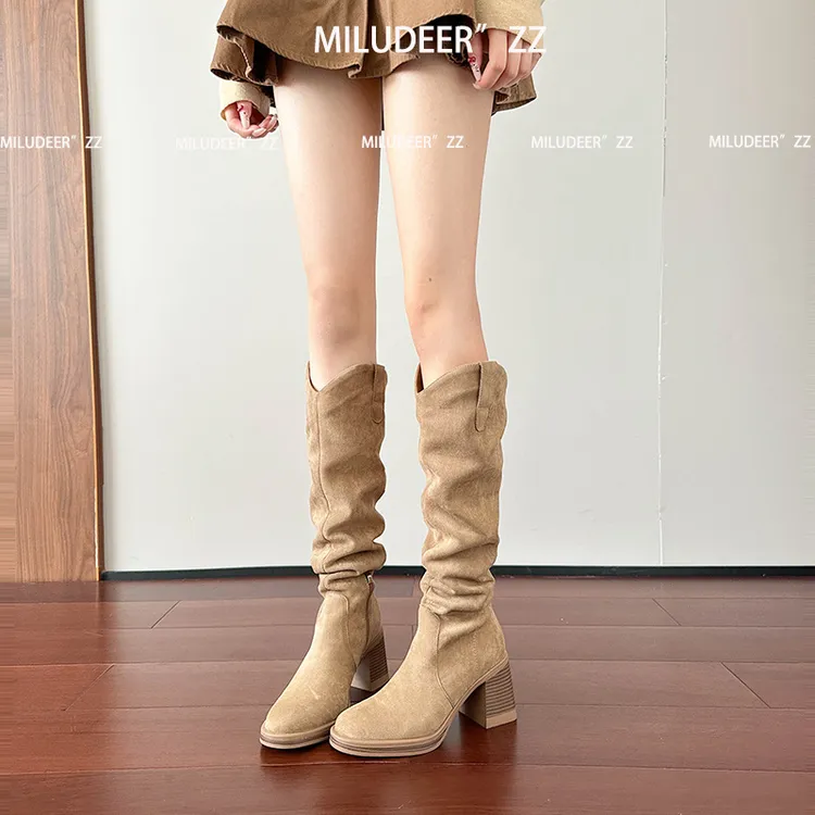 小个子显瘦堆堆靴2025秋冬粗跟高筒西部牛仔靴软底高跟V口长筒靴