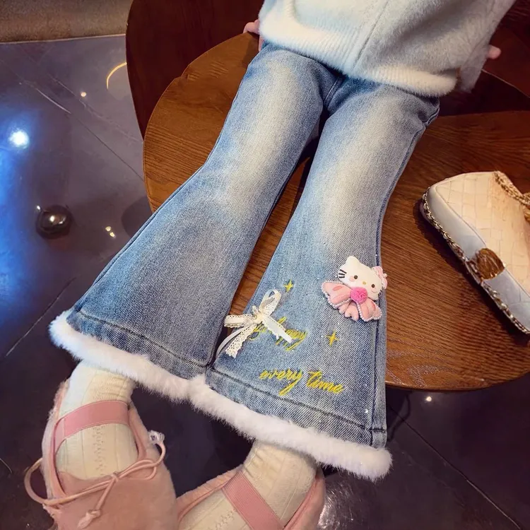 女童加绒牛仔裤秋冬款2025新款洋气女宝宝加厚冬季一体绒喇叭裤子