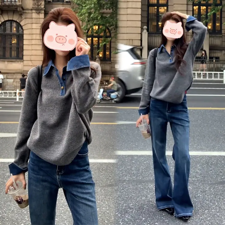 法式高级感牛仔拼接翻领假两件上衣女2025冬季新款上衣设计感小众