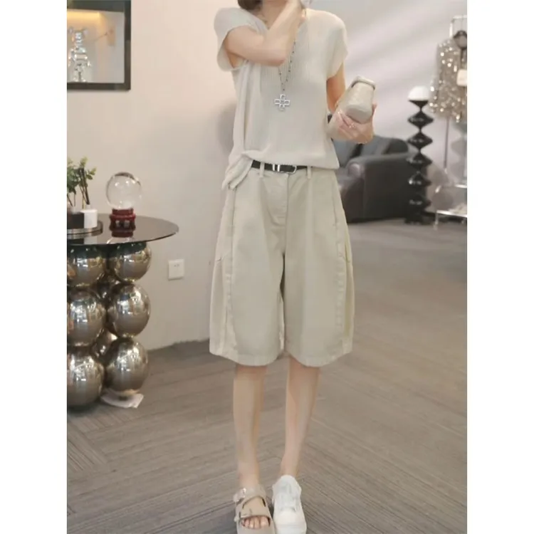 大码休闲工装短裤女夏季新款大码胖MM遮胯宽松显瘦a字五分花苞